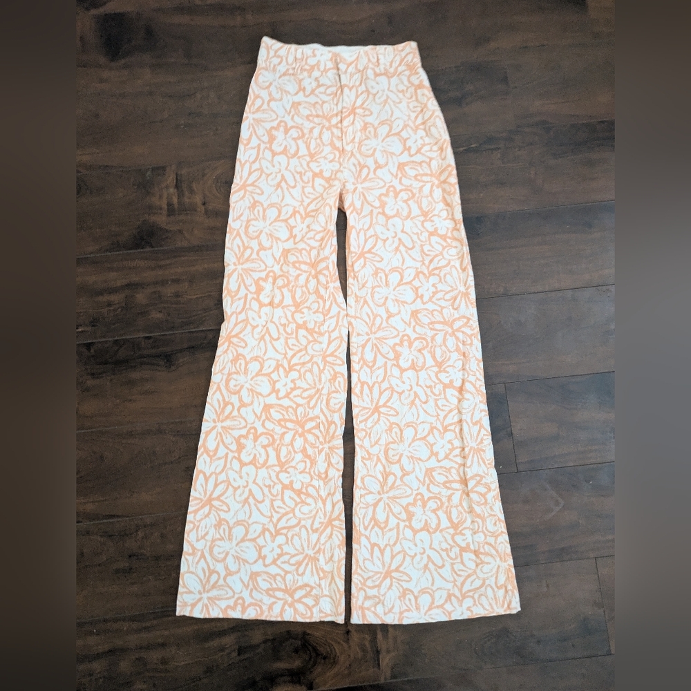 Free People White and Peach Floral Wide-Leg Pants